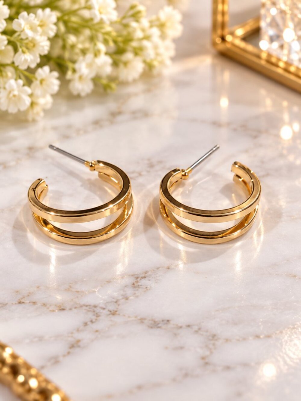 Gold Double Band Hoop Earrings – Modern Minimalist Open Hoops - Women Jewelry